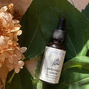 Może przedstawiać: Brązowa szklana butelka Sweetfern Serum z czarną pipetą, na tle zielonych liści i suszonych kwiat&oacute;w. Etykieta głosi "Organic & Wild" i "Sweetfern Serum with 100% Bakuchiol retinol alternative".