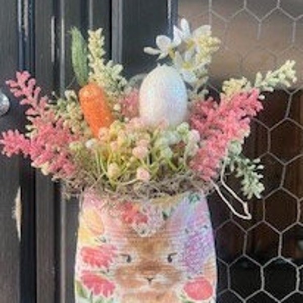 Tin Can Pocket Posey Easter Decor Crushed Can Upcycled Wall Art Repurposed Decoupage Smashed Can Bunny Spring