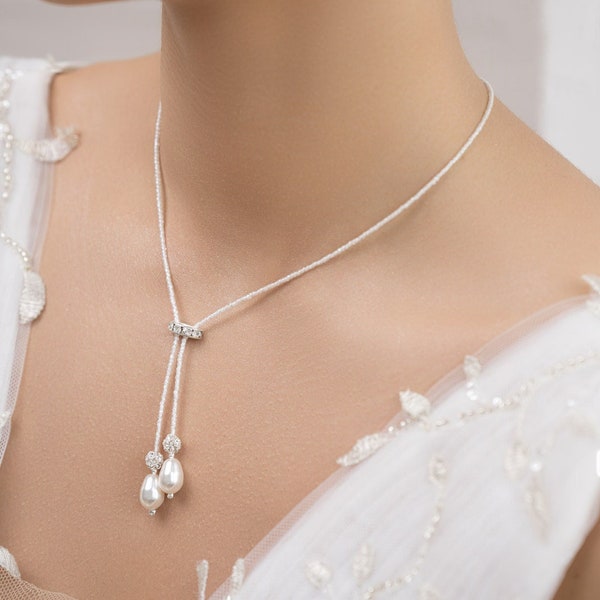 Collier mariage perles, Jasmine, collier de mariée perles, collier mariage romantique, collier de mariée pendants, collier mariage gris