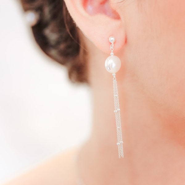 Delicate pearl bridal earrings, Lana long, 925 silver bridal earrings, pearl bridal jewelry, Swarovski pearl bridal earrings, pearl bridal