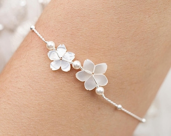 Bracciale da sposa Boho, Gardania, braccialetto da sposa fiore di madreperla, braccialetto da sposa romantico, braccialetto da sposa in argento, braccialetto da sposa