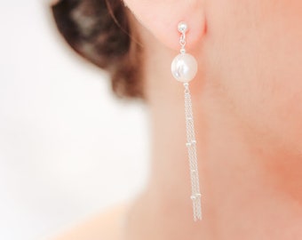 Delicate pearl bridal earrings, Lana long, 925 silver bridal earrings, pearl bridal jewelry, Swarovski pearl bridal earrings, pearl bridal