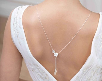 Collier de dos mariage, Gardania, bijou de dos bohème, collier de dos fleur, Bijoux dos mariage romantique, bijou de dos mariée perle