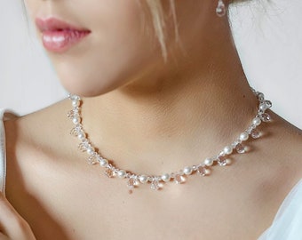 Pearl and crystal bridal necklace, Gouttes perles, pearl bridal necklace, crystal wedding necklace, pearl bridal jewelry, crystal wedding