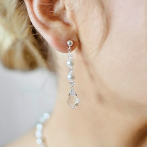 Bruidsoorbellen, Glamour pareloorbellen, Bruids bungelende oorbellen, Kristallen bruiloft oorbellen, Parel bruiloft sieraden