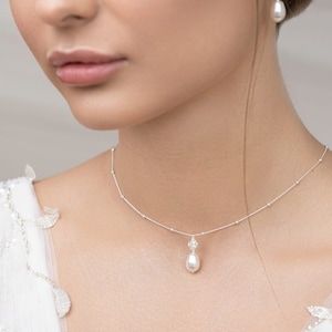 Elegant pearl and crystal bridal necklace, Ines, crystal bridal jewelry, pearl bridal necklace, 925 silver bridal jewellery, Bridal jewelry image 1