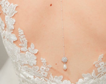 Bridal backdrop, Roselia, bridal back pendant, pearl backdrop jewelry, crystal bridal backdrop, bridal back necklace, Bridal jewelry