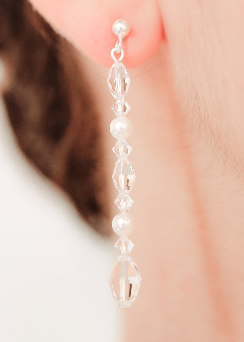 Boucles d'oreilles mariée perle, Elisa perle, boucles d'oreilles de mariée, bijoux mariée cristal, Boucles d'oreilles mariage longues image 2