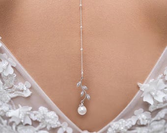 Bridal backdrop pendant, Jade, bridal back necklace, pearl backdrop jewelry, crystal bridal backdrop, bridal back necklace