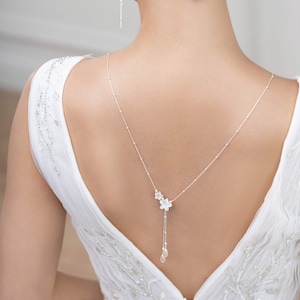 Bridal backdrop lariat necklace, Gardania, bridal backdrop necklace, pearl bridal backdrop necklace, boho flower bridal backdrop necklace