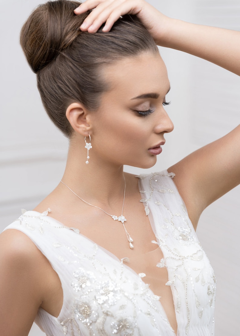 Mother of pearl flower bridal earrings, Hana hoop earrings, romantic flower bridal earrings, boho bridal earrings, ivory flower wedding image 5