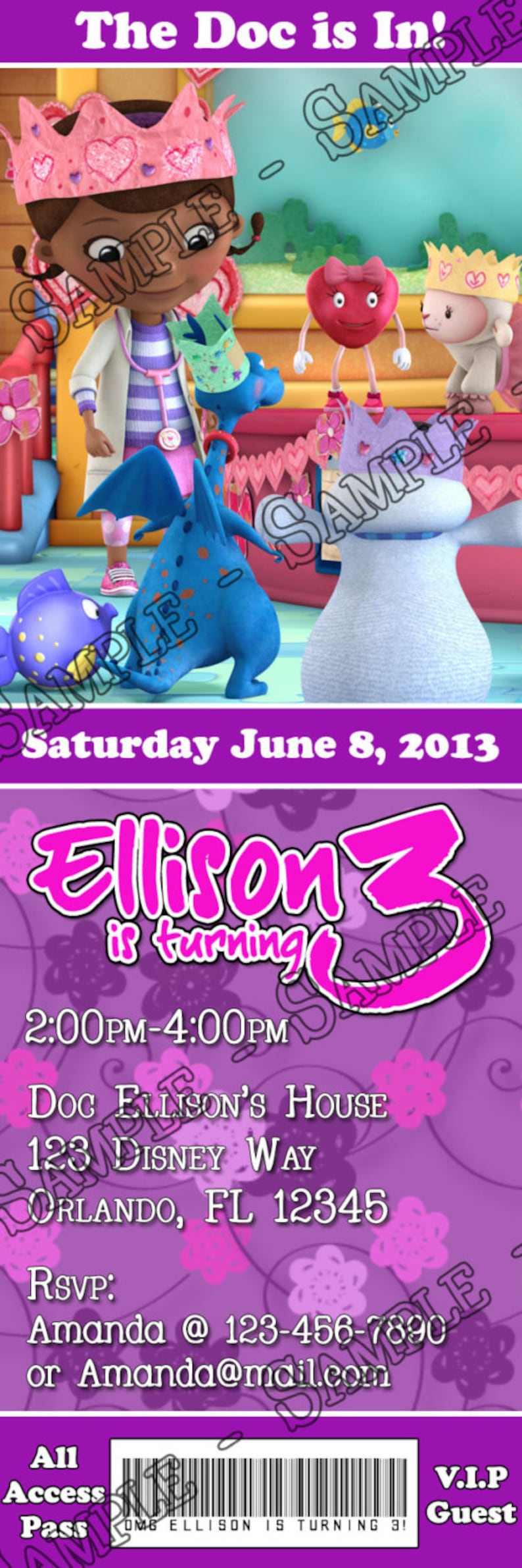 3 Designs Available Doc McStuffins Birthday Party Ticket Invitation Printable