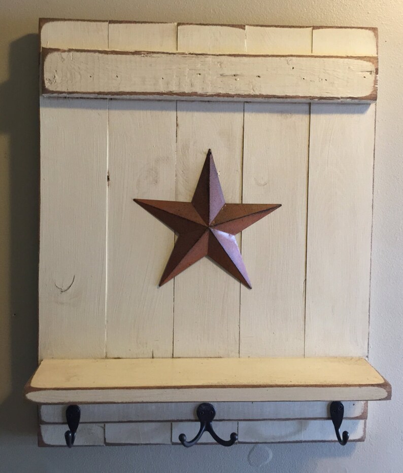 Primitive Wall Shelf With Coat And Key Hooks Distressed
