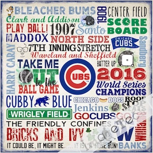 Chicago Cubs-2016 World Series Champion-Baseball-Chicago-Wrigley Field-Word Art-Typography-Gift- Bleacher Bums-Waveland and Sheffield