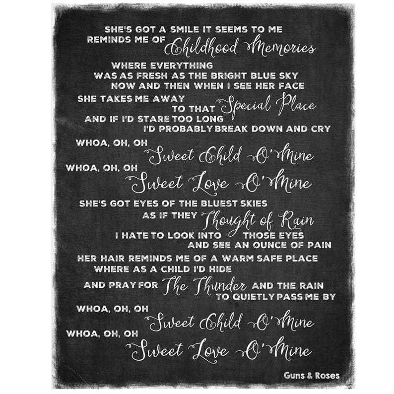 Sweet Child O'Mine Guns & Roses Lyrics Word Art | Etsy