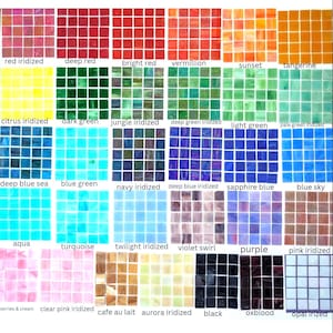 May include: A grid of square glass mosaic tiles in various colors and finishes, including red iridized, deep red, bright red, vermillion, sunset, tangerine, citrus iridized, dark green, jungle iridized, deep green iridized, light green, pale green iridized, deep blue sea, blue green, navy iridized, deep blue iridized, sapphire blue, blue sky, aqua, turquoise, twilight iridized, violet swirl, purple, pink iridized, berries & cream, clear pink iridized, cafe au lait, aurora iridized, black, oxblood, and opal iridized.