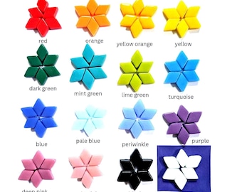 May include: A collection of sixteen star-shaped arrangements made from small diamond-shaped tiles in various colors including red, orange, yellow, dark green, mint, lime, turquoise, blue, pale blue, periwinkle, purple, deep pink, pale pink, black, and white.