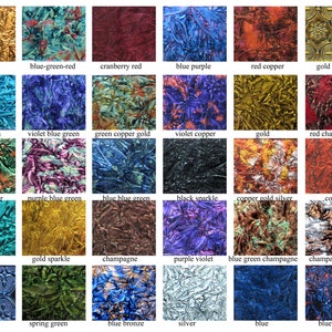 May include: A collection of 25 different colored and textured metallic finishes. The finishes include bronze, blue-green-red, cranberry red, blue purple, red copper, gold flora, blue green, violet blue green, green copper gold, violet copper, gold, red champagne, green copper, purple blue green, blue blue green, black sparkle, copper gold silver, copper, emerald, gold sparkle, champagne, purple violet, blue green champagne, champagne silver, blue flora, spring green, blue bronze, silver, blue, and blue copper.