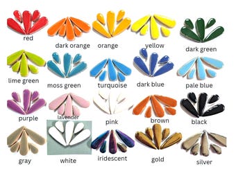 May include: A collection of twenty sets of teardrop-shaped ceramic mosaic tiles arranged in fan patterns. Each set features a distinct color including red, orange, yellow, green, blue, purple, pink, brown, black, gray, white, gold, and silver.