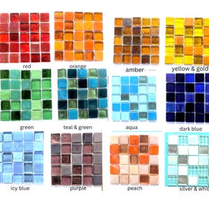 May include: A collection of eleven square grids of small glass mosaic tiles arranged by color, labeled red, orange, amber, yellow & gold, green, teal & green, aqua, dark blue, icy blue, purple, peach, and silver & white, each in a 5x5 pattern.