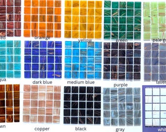 May include: A collection of fifteen square mosaic tile samples arranged in a grid, featuring various colors including red, orange, yellow, green, pale green, aqua, dark blue, medium blue, purple, lavender, brown, copper, black, gray, and white.
