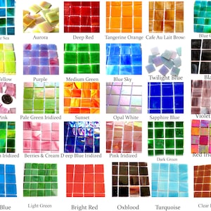 May include: Assortment of 24 small glass mosaic tiles in various colors and patterns, including deep blue sea, aurora, deep red, tangerine orange, cafe au lait brown, blue green, citrus yellow, purple, medium green, blue sky, twilight blue, black, clear pink, pale green iridized, sunset, opal white, sapphire blue, violet swirl, deep green iridized, berries & cream, deep blue iridized, pink iridized, red iridized, dark green, clear blue, light green, bright red, oxblood, turquoise, and clear brown.