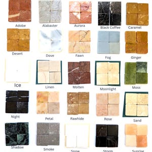 May include: A collection of twenty-five square tile samples arranged in a grid, each labeled with names like Adobe, Alabaster, Aurora, Black Coffee, Caramel, Desert, Dove, Fawn, Fog, Ginger, Ice, Linen, Molten, Moonlight, Moss, Night, Petal, Rawhide, Rose, Sand, Shadow, Smoke, Snow, Storm, and Sunrise.