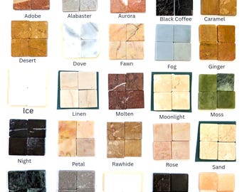 May include: A collection of twenty-five square tile samples arranged in a grid, each labeled with names like Adobe, Alabaster, Aurora, Black Coffee, Caramel, Desert, Dove, Fawn, Fog, Ginger, Ice, Linen, Molten, Moonlight, Moss, Night, Petal, Rawhide, Rose, Sand, Shadow, Smoke, Snow, Storm, and Sunrise.