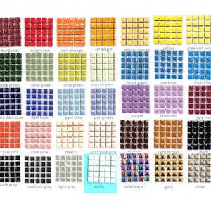 May include: A collection of square mosaic tiles arranged in a grid, featuring a wide variety of colors including burgundy, red, orange, yellow, green, blue, purple, pink, brown, black, gray, white, iridescent, gold, and silver with labels.