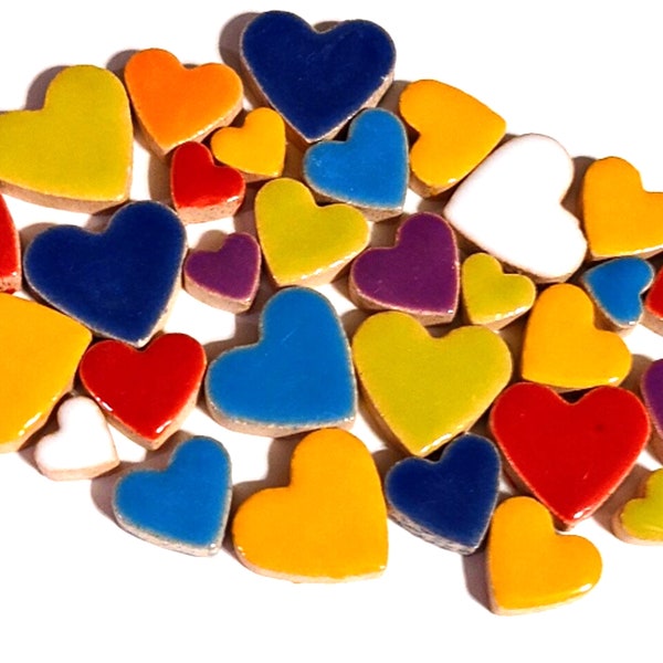 25 Heart Shape Tils, Heart Mosaic Tiles, Colorful Heart Tiles, Glazed Ceramic Tiles, Heart Ceramic Tiles, Hearts for Mosaics, Color/Size Mix