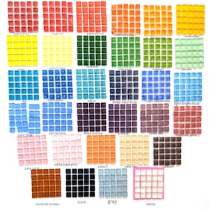May include: A collection of square glass mosaic tiles arranged in grids, showcasing a wide spectrum of colors including deep wine red, bright red, watermelon red, orange, yellow, green, blue, purple, pink, brown, black, gray, and white.