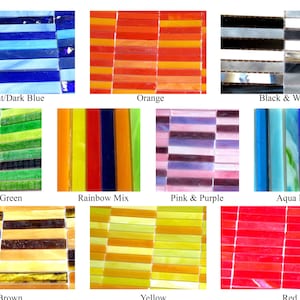 May include: A collection of 10 different colored glass mosaic tiles. The tiles are arranged in a grid pattern and each tile has a different color. The colors include light blue, dark blue, orange, black, white, green, yellow, red, pink, and purple.