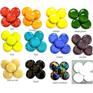 May include: A collection of smooth, round, glossy glass cabochons arranged in groups of four by color. The colors include red, orange, yellow, deep green, lime, teal, cobalt, purple, cafe au lait, black, black rainbow, and white.