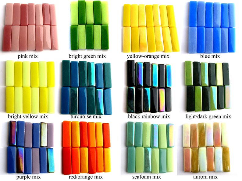 May include: Assortment of 12 glass tile colors, each color is shown in a group of 12 rectangular tiles. Colors include pink, bright green, yellow-orange, blue, bright yellow, turquoise, black rainbow, light/dark green, purple, red/orange, seafoam, and aurora.