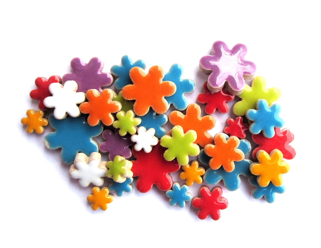 25 Flower Tiles, Small Ceramic Tiles, Mosaic Pieces, Flower Mosaics