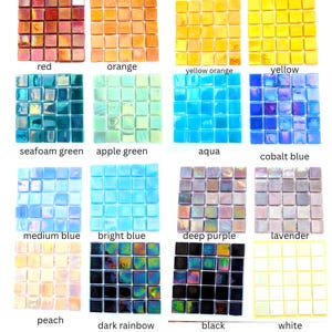 May include: A collection of sixteen square grids of small glass mosaic tiles arranged in rows. Each grid features a distinct color including red, orange, yellow orange, yellow, seafoam green, apple green, aqua, cobalt blue, medium blue, bright blue, deep purple, lavender, peach, dark rainbow, black, and white, with labels below each.