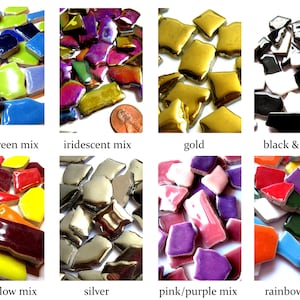 May include: Assortment of small, irregular shaped ceramic tiles in various colors, including blue, green, red, yellow, pink, purple, black, white, gold, silver, and iridescent. The tiles are arranged in eight groups, each representing a different color combination.