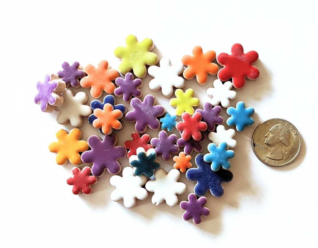 25 Flower Tiles, Small Ceramic Tiles, Mosaic Pieces, Flower Mosaics