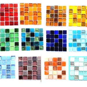 May include: A collection of twelve square grids, each composed of twenty-five small glass mosaic tiles in various solid and translucent colors including red, orange, yellow, green, blue, purple, brown, white, and light blue shades.