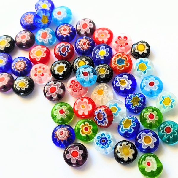 48 Round Millefiori Beads, Millefiori Jewelry Beads, Millefiori for Mosaic, Flower Tiles, Floral Beads, Flower Beads, Millefiori Tiles, 8mm