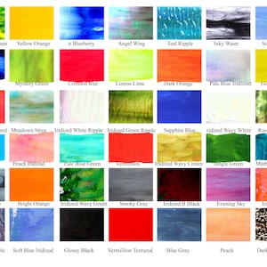 May include: A chart of 36 different colored glass tiles with names for each color, such as "Clear Streaky Green", "Yellow Orange", "n Blueberry", "Angel Wing", "Teal Ripple", "Inky Water", "Soft Blue", "Night Sky", "Mystery Green", "Crimson Red", "Lemon Lime", "Dark Orange", "Pale Blue Iridiized", "Goldenrod", "Vermillion Iridized", "Meadown Strea", "Iridized White Ripple", "Iridized Green Ripple", "Sapphire Blue", "ridized Wavy White", "Rust & Moss", "Bright Aqua", "Peach Iridized", "Pale Blue Green", "Vermilion", "Iridized Wavy Cream", "Jungle Green", "Marbled Turquoise", "Black & White", "Bright Orange", "Iridized Wavy Green", "Smoky Gray", "Iridized B Black", "Evening Sky", "Iridized Orange", "Periwinkle Ripple", "Soft Blue Iridized", "Glossy Black", "Vermillion Textured", "Blue Gray", "Peach", "Dark Brown Ripple".