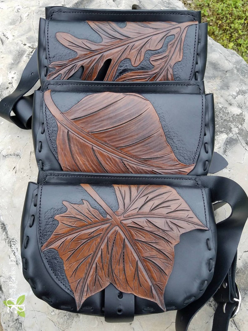 Leather Belt Bag Tooled Leather Black Hip Bag Leaf Purse Leaf Bag Leather Waist Bag Leather Hip Bag Carved Leather Nature Inspired