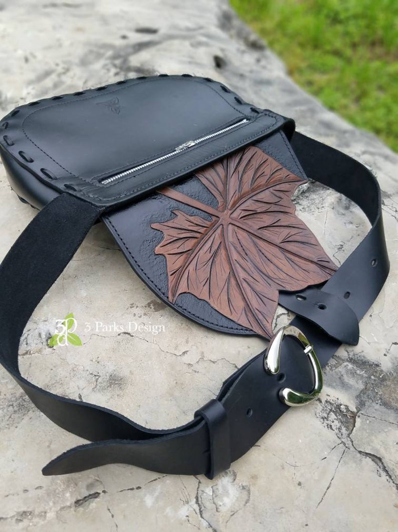 Leather Belt Bag Tooled Leather Black Hip Bag Leaf Purse Leaf Bag Leather Waist Bag Leather Hip Bag Carved Leather Nature Inspired