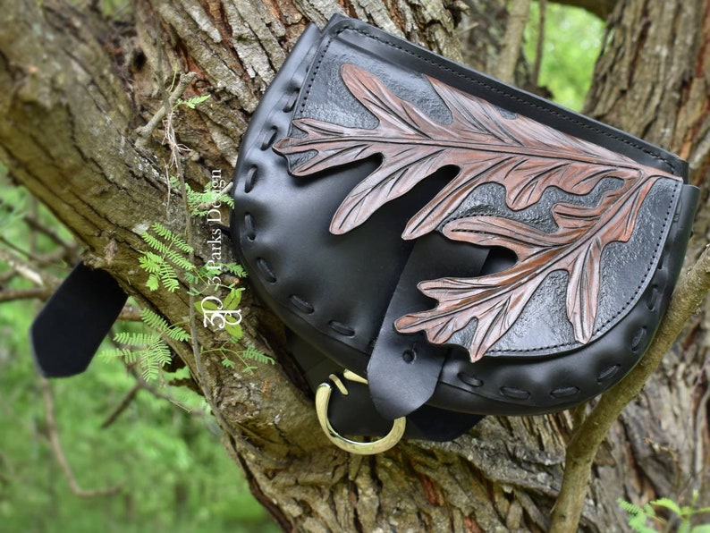 Leather Belt Bag Tooled Leather Black Hip Bag Leaf Purse Leaf Bag Leather Waist Bag Leather Hip Bag Carved Leather Nature Inspired