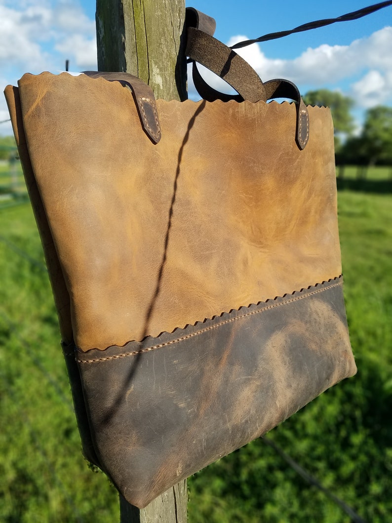 Everyday Bag ~ Rissy Tote by 3PD Scalloped Leather w Hand-stitching Bicolor Rustic Leather Totebag or Tote Purse ~ Handmade Simple Tote