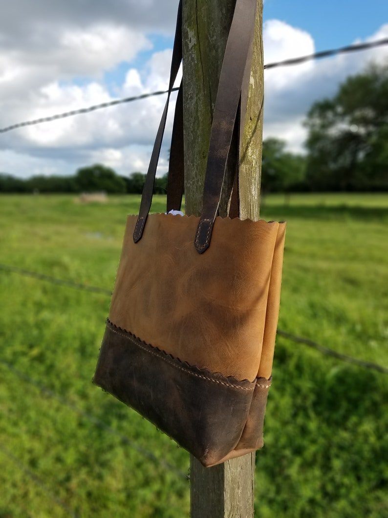 Everyday Bag ~ Rissy Tote by 3PD Scalloped Leather w Hand-stitching Bicolor Rustic Leather Totebag or Tote Purse ~ Handmade Simple Tote