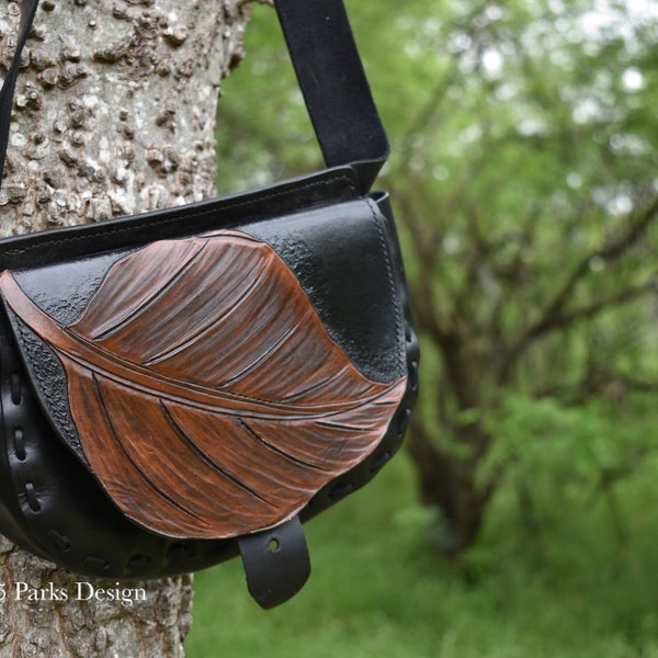 Leather Hip Bag, Tooled Leather, Leaf Purse, Leather Belt Bag, Leaf Bag, Black Hip Bag, Carved Leather, Leather Waist Bag, Nature Inspired