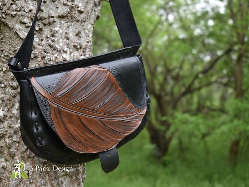 Leather Belt Bag Tooled Leather Black Hip Bag Leaf Purse Leaf Bag Leather Waist Bag Leather Hip Bag Carved Leather Nature Inspired