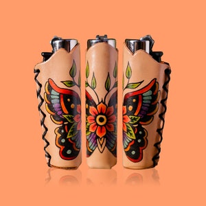 Mariposa Old School - Estuche para encendedor Clipper pintado a mano - 1ud