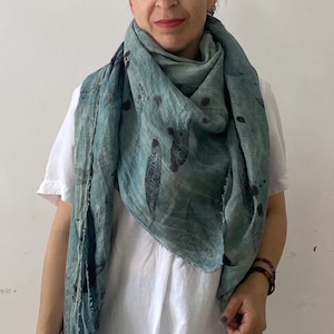 Large Square Linen Scarf, Eco Printed with Sumac Leaves and Naturally Dyed with Indigo, Handcrafted Sustainable Wrap, Large Softened Flax